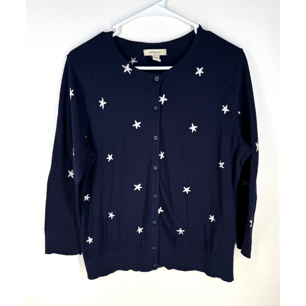 GH Bass & Co Womens XL Navy Blue Star Cotton Button Front Cardigan
